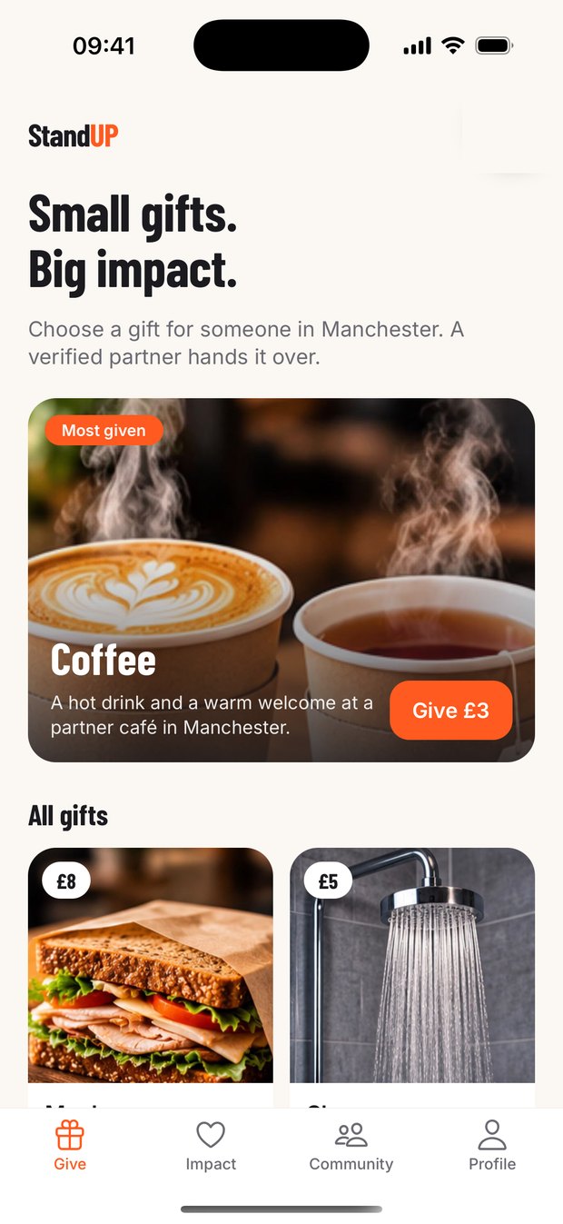 StandUP app home: Small gifts. Big impact.