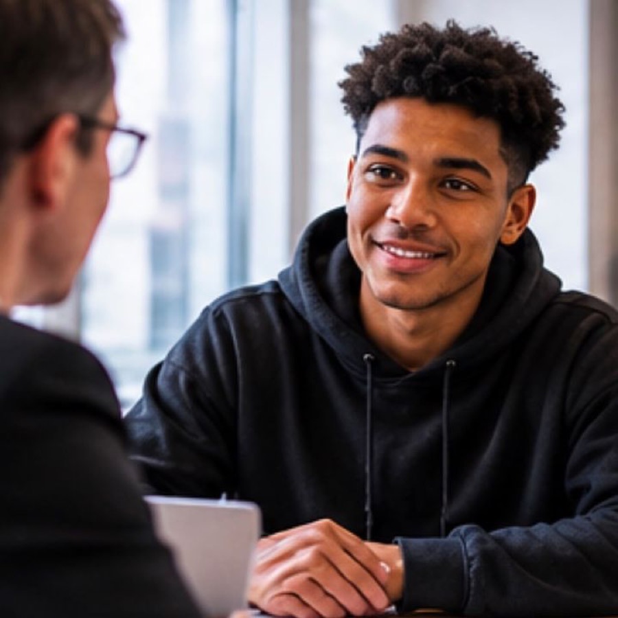A young person smiling during a conversation